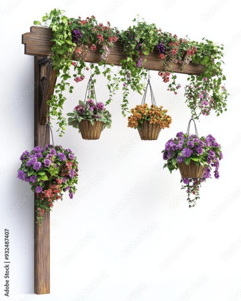 A 3D render of a flower shop sign with hanging flower baskets, isolated on white background A 3D render of a flower shop sign with hanging flower baskets, isolated on white background
