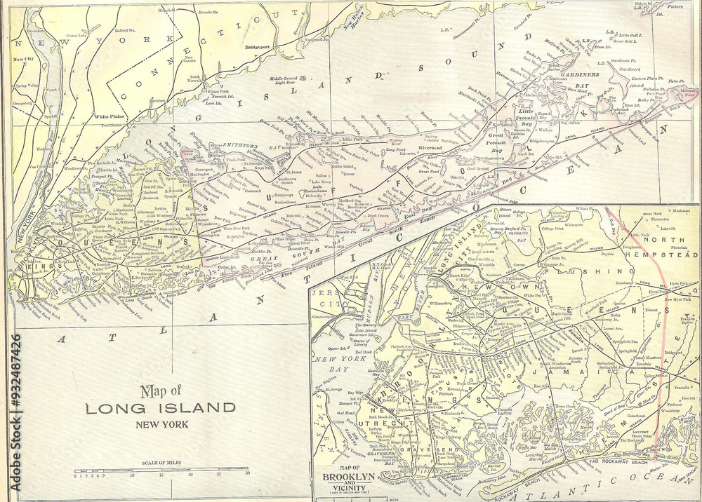 Antique map of long island new york from 1891 showing towns and railroads Antique map of long island new york from 1891 showing towns and railroads