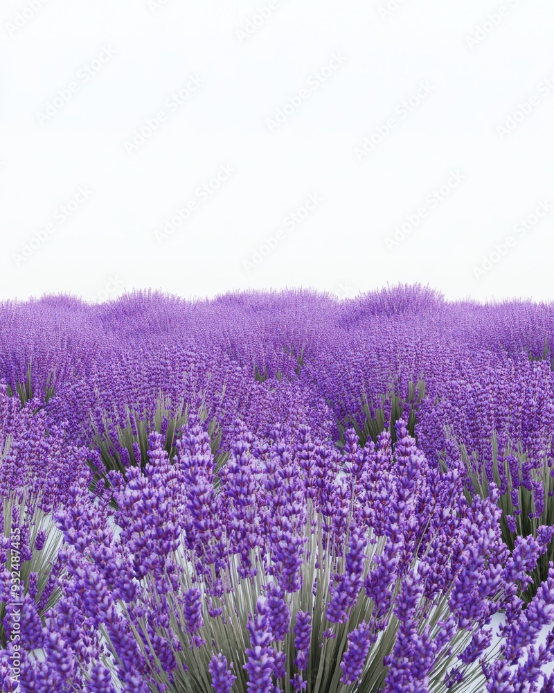 Obraz premium A hyperrealistic 3D render of a field of lavender, peaceful and calming, isolated on white background