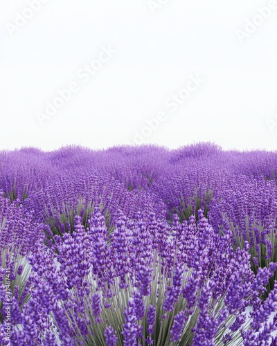 A hyperrealistic 3D render of a field of lavender, peaceful and calming, isolated on white background