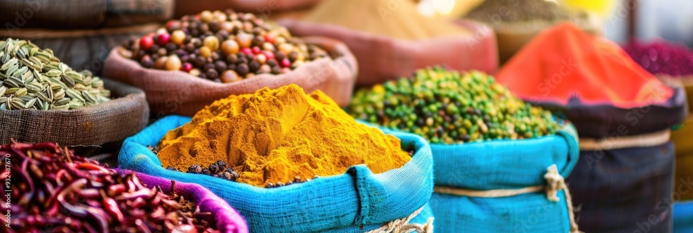 Fototapeta premium Vibrant bags brimming with whole and ground spices inviting a culinary exploration. Discover the rich variety of flavors in this genuine market atmosphere.