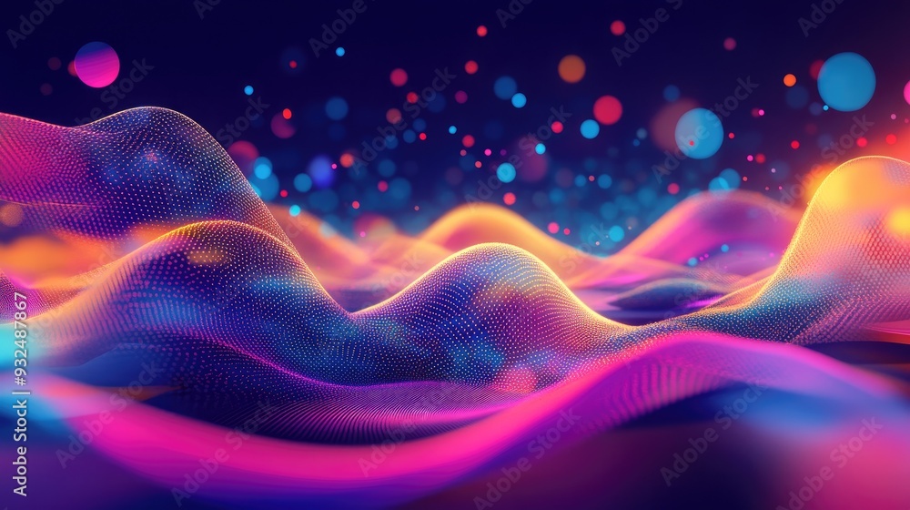 Fototapeta premium Vibrant neon geometric shapes flowing over a neon dots landscape, paradise-like background, abstract digital art
