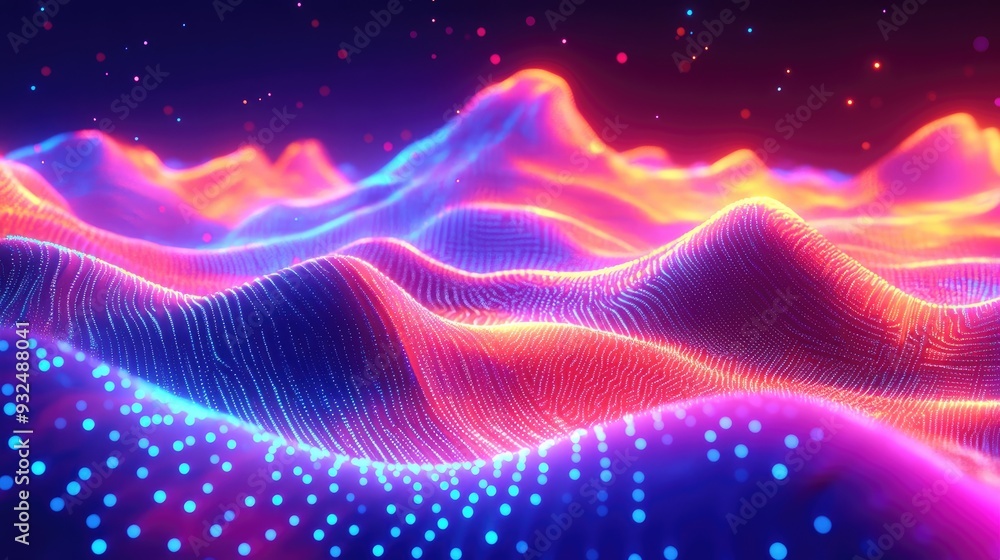 Vibrant neon geometric shapes flowing over a neon dots landscape, paradise-like background, abstract digital art Vibrant neon geometric shapes flowing over a neon dots landscape, paradise-like background, abstract digital art