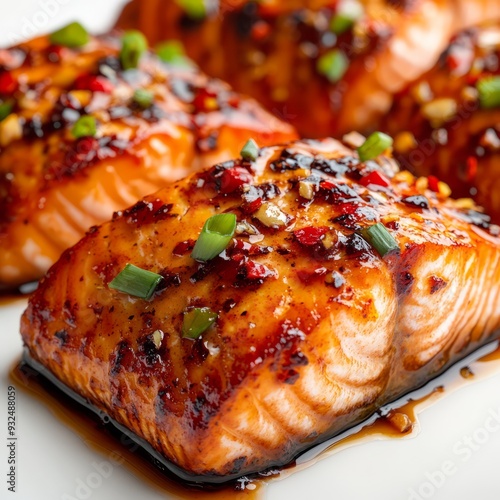 Close up of chili glazed salmon on an isolated white background photo