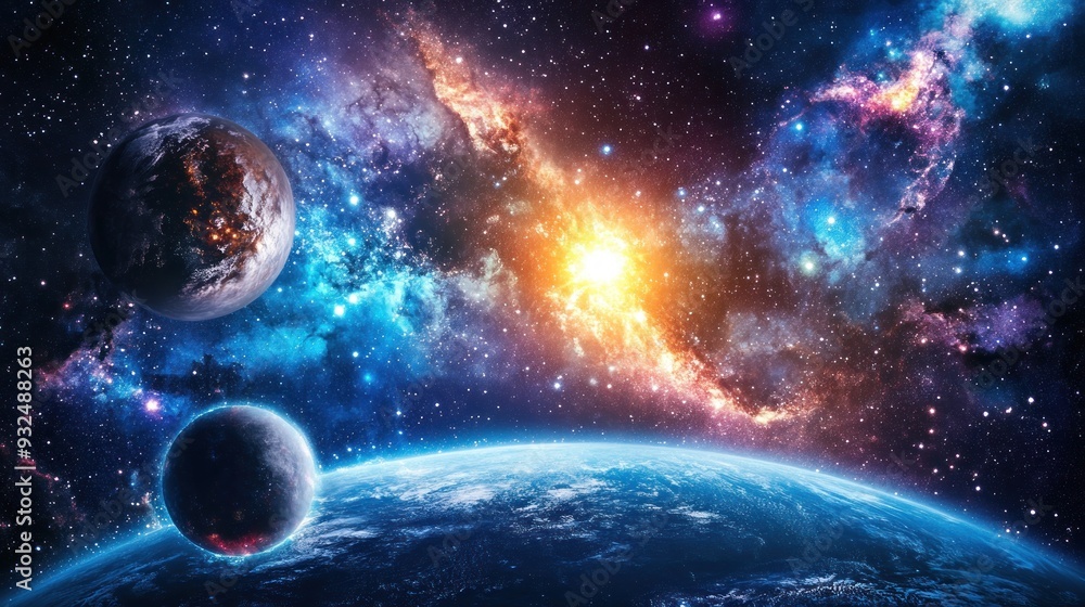 Fototapeta premium A Colorful Nebula With Planets and Stars in Outer Space