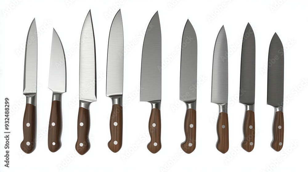 A detailed 3D render of a butchers knife set, various blades, clean and sharp, isolated on white background A detailed 3D render of a butchers knife set, various blades, clean and sharp, isolated on white background