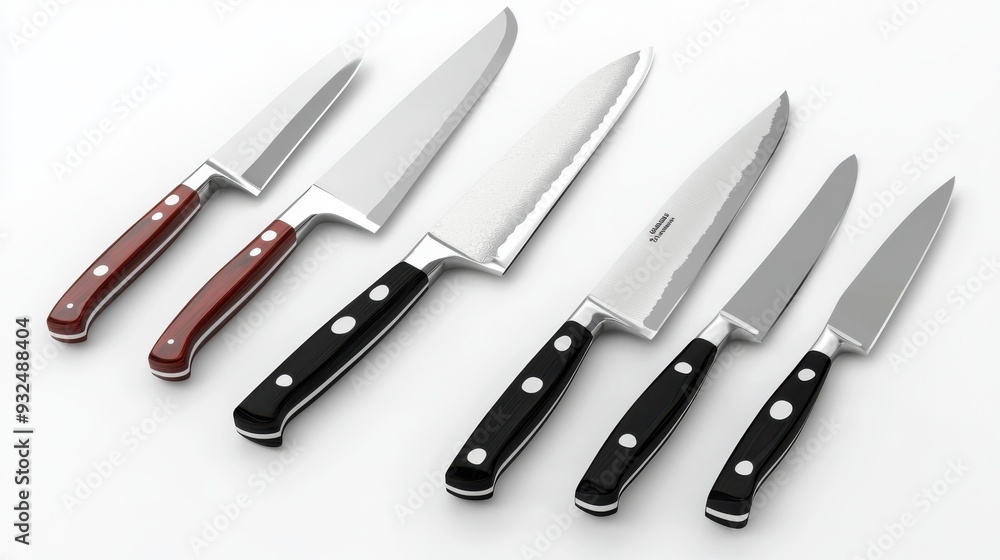 A detailed 3D render of a butchers knife set, various blades, clean and sharp, isolated on white background A detailed 3D render of a butchers knife set, various blades, clean and sharp, isolated on white background
