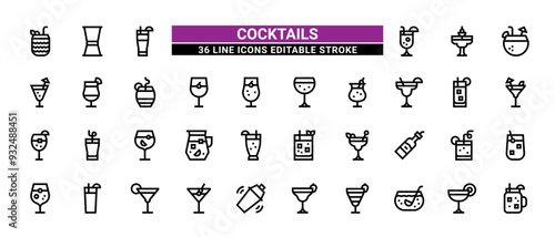 36 Cocktails Line Icons Set Pack Editable Stroke Vector Illustration.