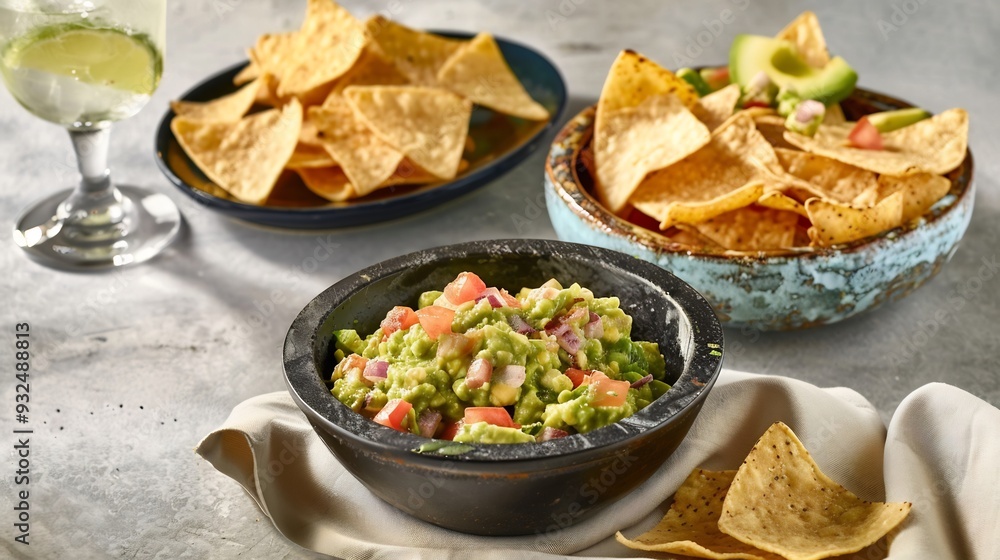 Fresh guacamole served a molcajete with a side of crispy tortilla chips and a margarita perfect for a street food snack Fresh guacamole served a molcajete with a side of crispy tortilla chips and a margarita perfect for a street food snack