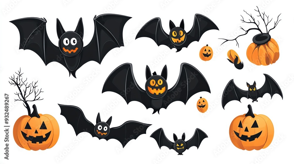 Fototapeta premium Colorful Halloween bats with pumpkins, perfect for festive decorations and seasonal design projects.