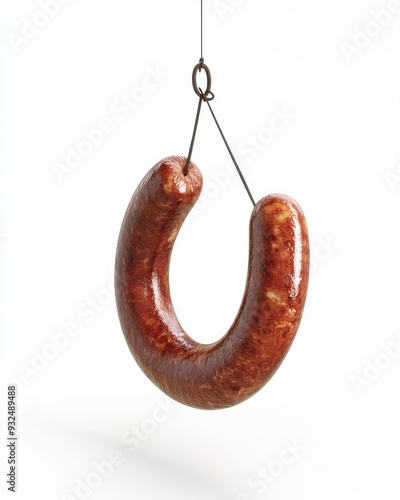 A detailed 3D render of a hanging sausage link, rustic and traditional, isolated on white background