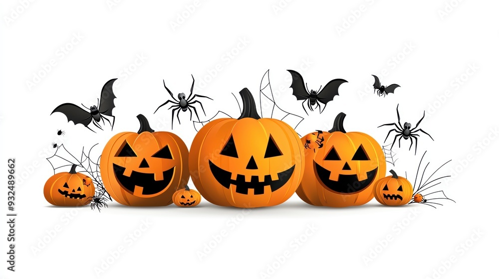 Vibrant Halloween pumpkins with spooky faces surrounded by bats and spiders, perfect for festive decorations. Vibrant Halloween pumpkins with spooky faces surrounded by bats and spiders, perfect for festive decorations.