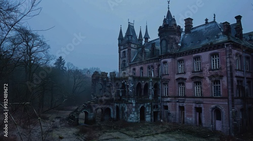 The abandoned castle stands creepily at twilight, its dark silhouette contrasting against the fading light and encroaching trees photo