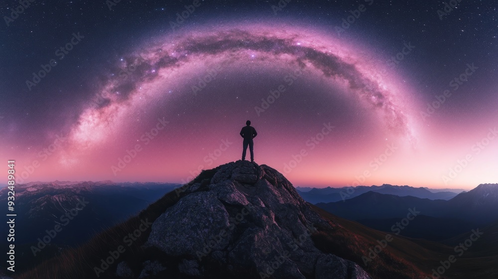 Solitary Figure Silhouetted Against the Milky Way on a Mountaintop Solitary Figure Silhouetted Against the Milky Way on a Mountaintop
