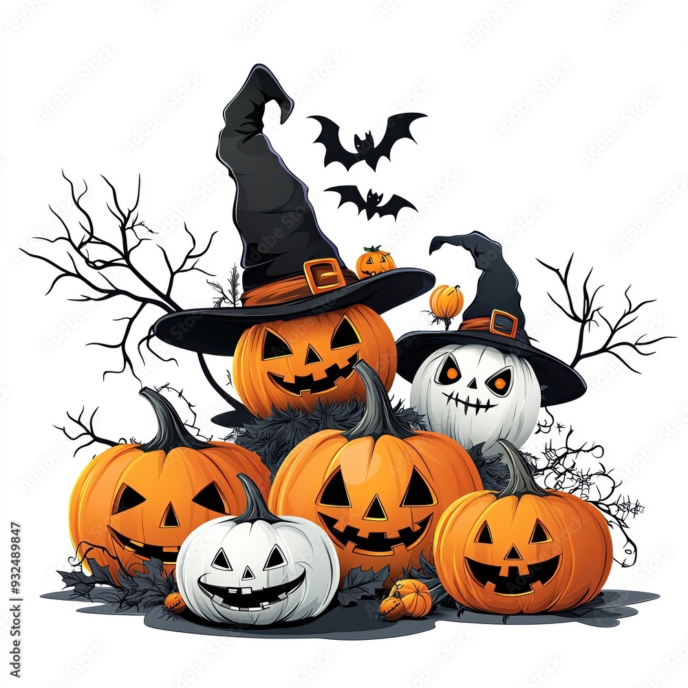 A vibrant Halloween scene featuring spooky pumpkins, a witch hat, and playful bats, perfect for festive decorations and themes. A vibrant Halloween scene featuring spooky pumpkins, a witch hat, and playful bats, perfect for festive decorations and themes.