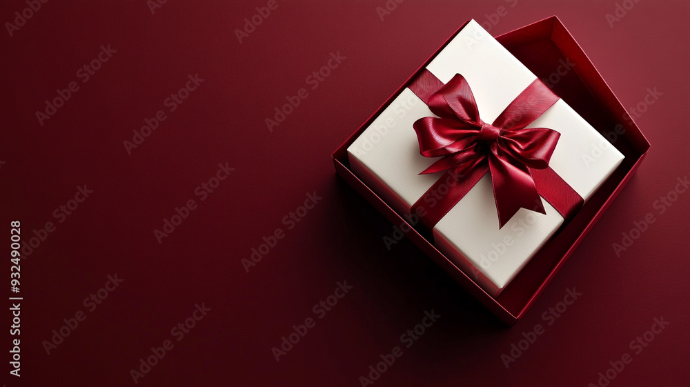 A beautifully wrapped gift in a red box with a satin ribbon sits on a deep red surface, perfect for special occasions A beautifully wrapped gift in a red box with a satin ribbon sits on a deep red surface, perfect for special occasions
