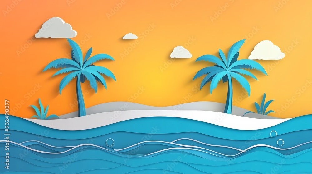 Colorful paper art scene of tropical island with blue ocean, palm trees, white sand, and orange sky perfect for summer and vacation themes. Colorful paper art scene of tropical island with blue ocean, palm trees, white sand, and orange sky perfect for summer and vacation themes.