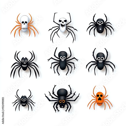 A collection of spooky spider illustrations featuring various designs and expressions, perfect for Halloween themes.