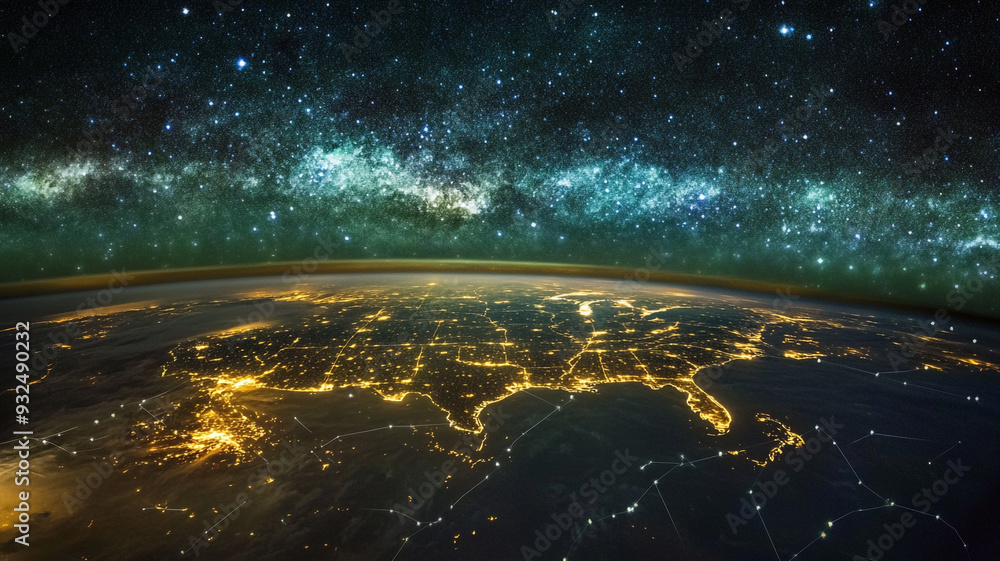Obraz premium Night view of Europe from space showcasing city lights and the Milky Way in the background