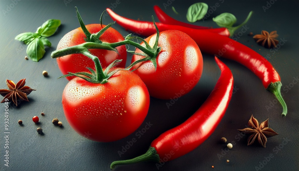 Red hot chili peppers and tomatoes in a studio food photography with ...