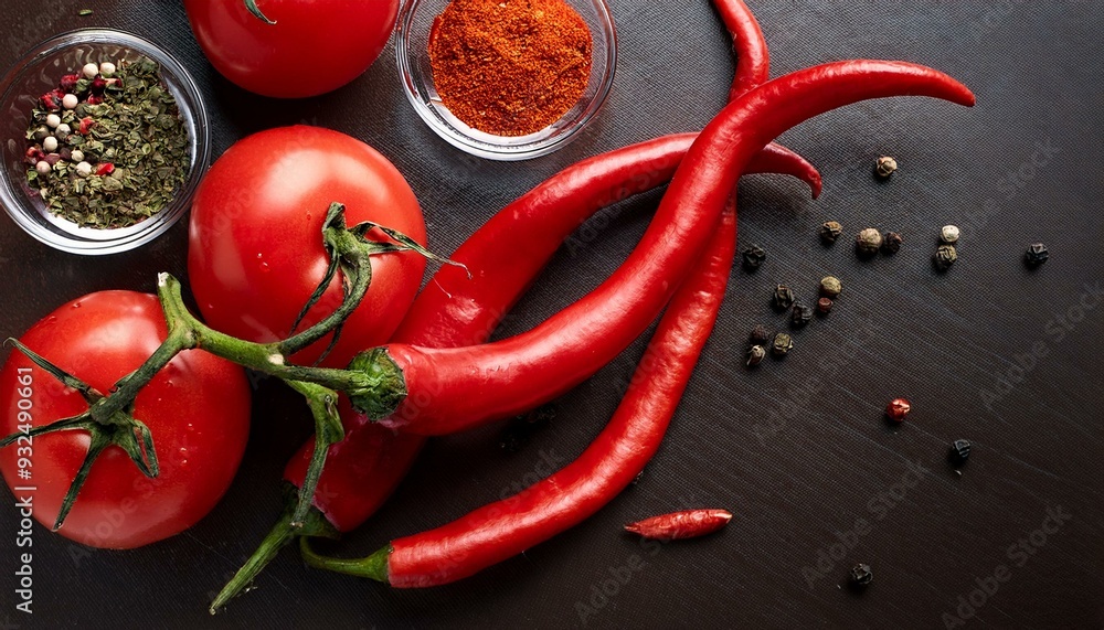 Red hot chili peppers and tomatoes in a studio food photography with dark table surface and bright lighting; spice and raw ingredients; Red hot chili peppers and tomatoes in a studio food photography with dark table surface and bright lighting; spice and raw ingredients;