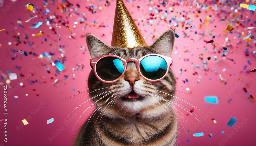 A cat smiling in a party hat and sunglasses with celebration confetti flying everywhere; pink background; selective focus; A cat smiling in a party hat and sunglasses with celebration confetti flying everywhere; pink background; selective focus;