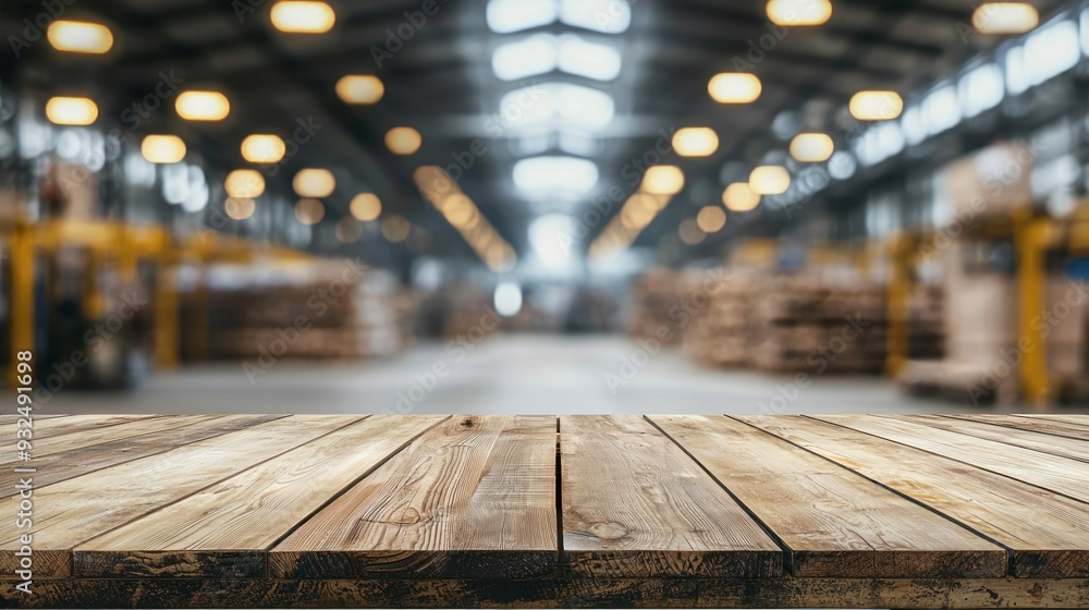 Empty wood table top with blur background of warehouse of factory. The table giving copy space for placing advertising product on the table along with beautiful industrial warehouse background Empty wood table top with blur background of warehouse of factory. The table giving copy space for placing advertising product on the table along with beautiful industrial warehouse background