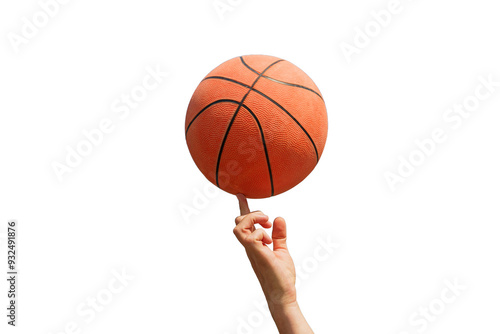 Canvas Print A hand skillfully balances a spinning basketball on one finger, showcasing control and precision