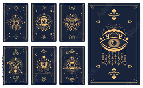 Magic tarot cards with esoteric symbols for reverse decks, vector mystic signs. Tarot cards backgrounds with magic symbols of sun, moon and star with eye in mason pyramid and pentacle in golden line