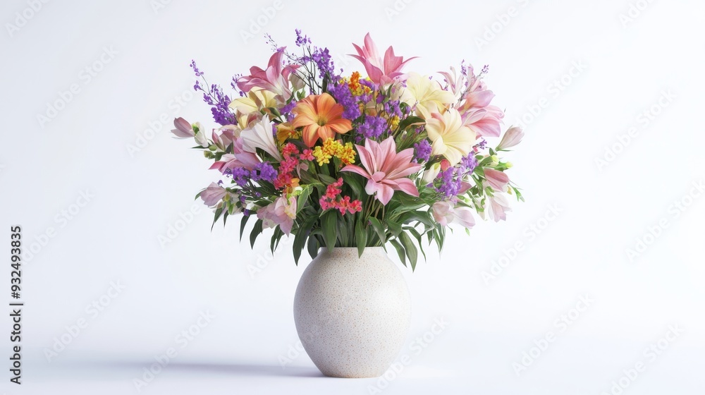 A detailed 3D render of a bouquet of mixed flowers in a ceramic vase, modern and elegant, isolated on white background A detailed 3D render of a bouquet of mixed flowers in a ceramic vase, modern and elegant, isolated on white background