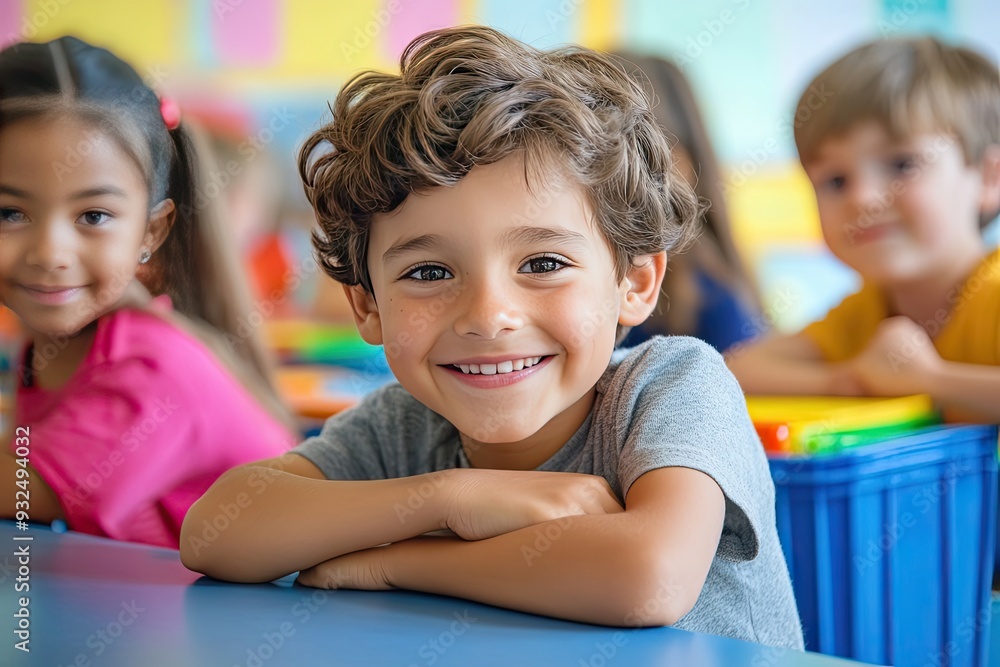 Portrait of a Smiling Young Boy Sitting at a Table in a Classroom Portrait of a Smiling Young Boy Sitting at a Table in a Classroom