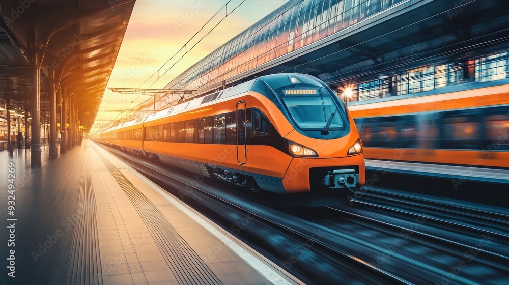 High-speed orange passenger train moving at railway station platform at sunset. Train station. Modern railway transportation concept with blurred motion effect. Railroad. Commercial transport High-speed orange passenger train moving at railway station platform at sunset. Train station. Modern railway transportation concept with blurred motion effect. Railroad. Commercial transport