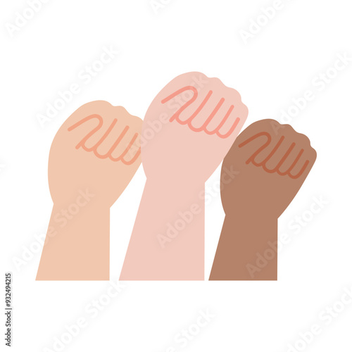 Raised fists with different skin color. Diversity, equity, multicultural, protest, rights, freedom, power, community, campaign concepts. Flat people character vector design isolated illustration.