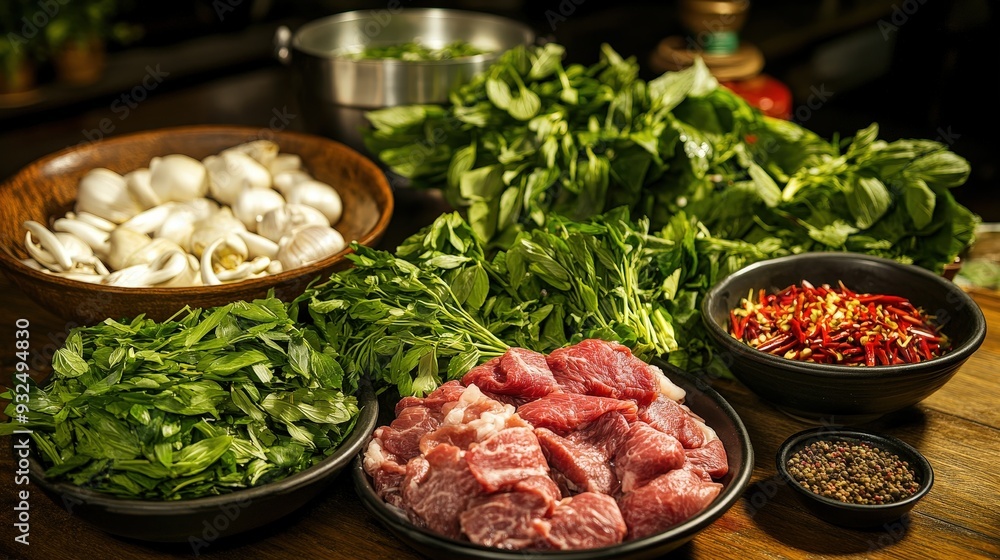 Vibrant Display of Fresh Pho Ingredients: Herbs, Spices, Beef, and Simmering Broth for Traditional Vietnamese Soup Vibrant Display of Fresh Pho Ingredients: Herbs, Spices, Beef, and Simmering Broth for Traditional Vietnamese Soup