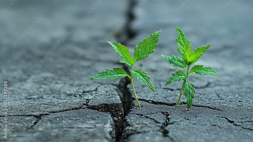 semi close-up of weeds growing through cracks in a concrete sidewalk, small green plants disrupting the otherwise smooth surface, bright outdoor setting with natural light, focus on the stubborn semi close-up of weeds growing through cracks in a concrete sidewalk, small green plants disrupting the otherwise smooth surface, bright outdoor setting with natural light, focus on the stubborn