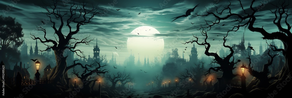 Fototapeta premium Halloween card depicting twisted forest where tree skeletal hand reaching sky 3D hand 2D shadowy branch decorating bottom edge top half left blank providing ample room writing illuminated 2D ghostly