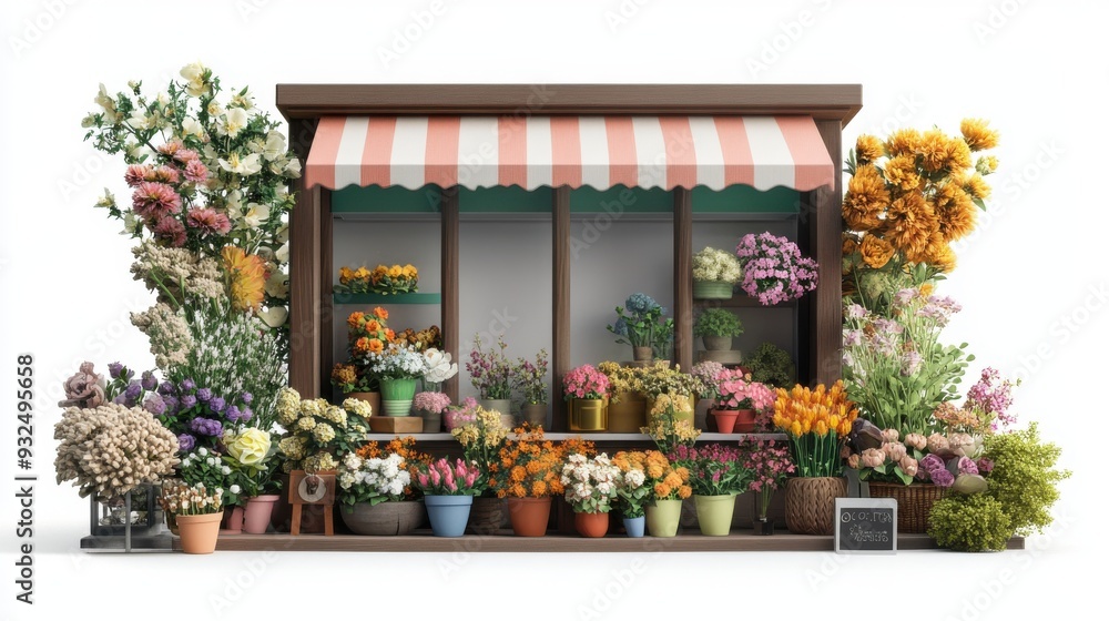 A 3D illustration of a flower shop window with various flower arrangements, isolated on white background A 3D illustration of a flower shop window with various flower arrangements, isolated on white background