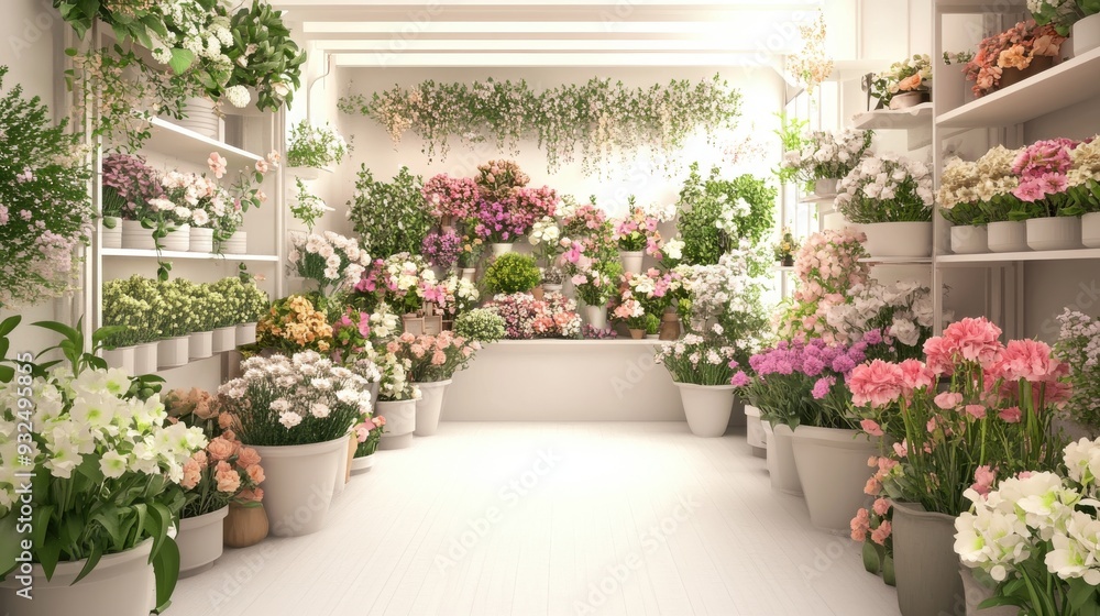 Fototapeta premium A 3D illustration of a flower shop interior with wooden shelves and potted plants, isolated on white background