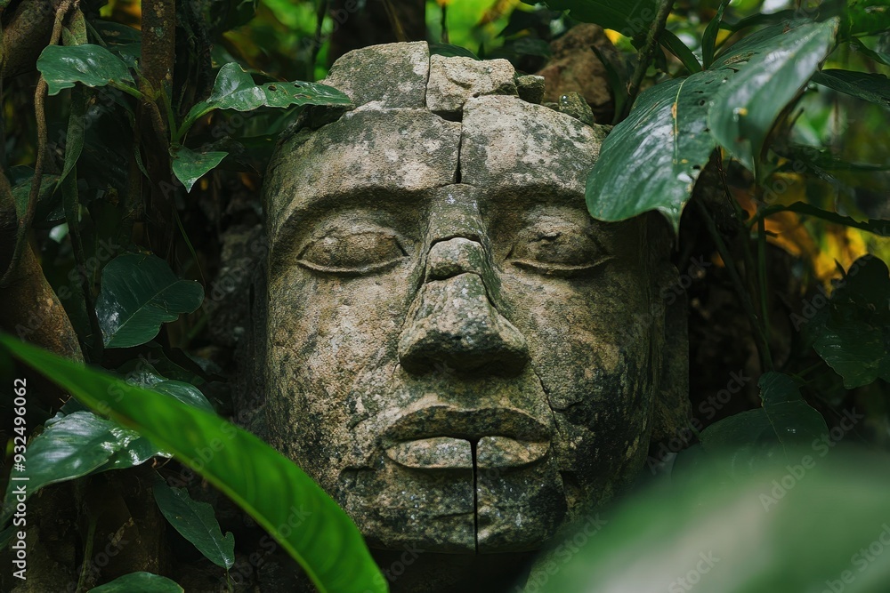 Stone Face Partially Hidden by Lush Greenery Stone Face Partially Hidden by Lush Greenery