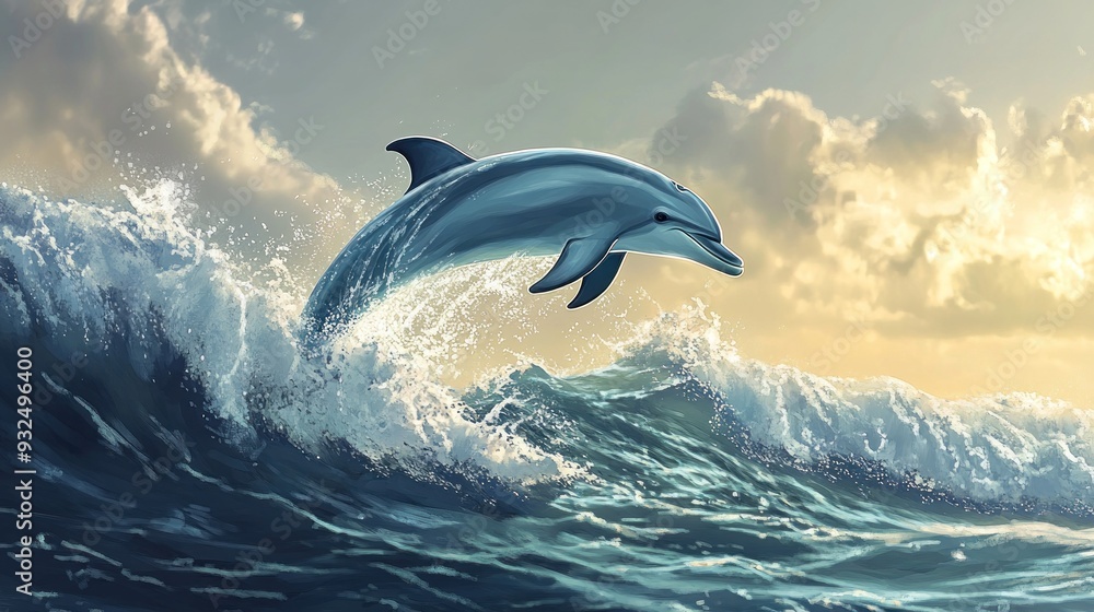 Fototapeta premium Illustration of a dolphin jumping out of a boat.