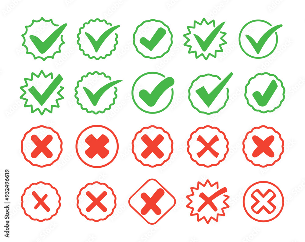Set of red cross and green checkmark. Wrong and right. Collection trendy icons. Symbol sign. Hand drawn. Doodle. Vector. Textbox and checkbox. Frame vote. Button. No and Yes. Flat line style. Tick. Set of red cross and green checkmark. Wrong and right. Collection trendy icons. Symbol sign. Hand drawn. Doodle. Vector. Textbox and checkbox. Frame vote. Button. No and Yes. Flat line style. Tick.