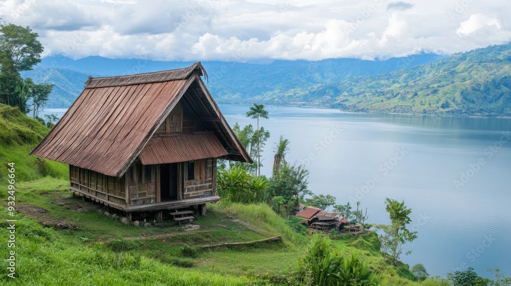 Wooden Hut Perched on a Hillside Overlooking a Lake and Mountains Wooden Hut Perched on a Hillside Overlooking a Lake and Mountains