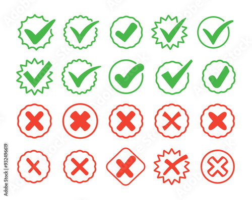 Set of red cross and green checkmark. Wrong and right. Collection trendy icons. Symbol sign. Hand drawn. Doodle. Vector. Textbox and checkbox. Frame vote. Button. No and Yes.  Flat line style. Tick. 