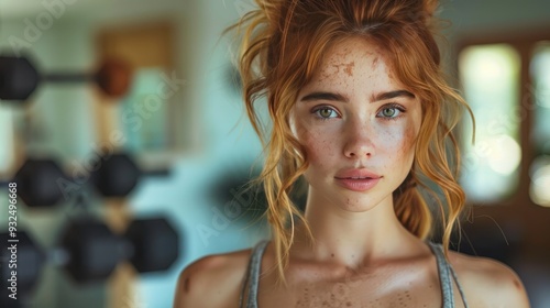 Free Download beautiful redhead woman home workout routine with dumbbell home fitness workout in living room sporty woman wearing sportswear - GFXLoad