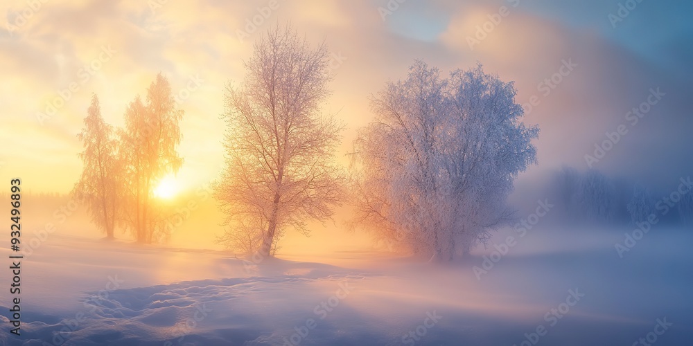 Dreamy soft winter landscape at sunrise Dreamy soft winter landscape at sunrise