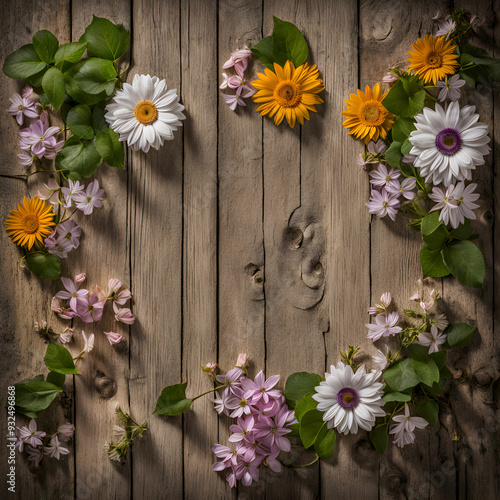 his image features a beautifully arranged floral frame on a rustic wooden surface, perfect for use in mockups. The vibrant flowers in shades of pink, purple, and orange, along with delicate white blos photo