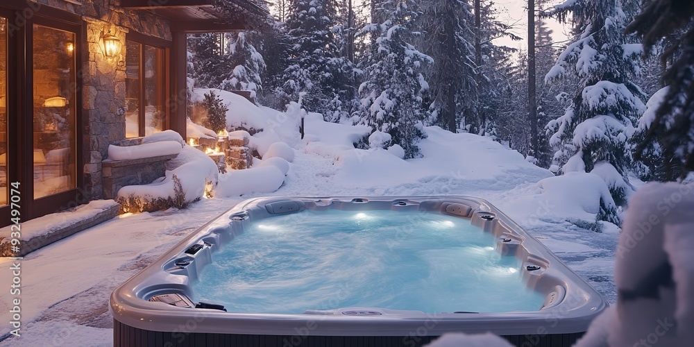 Outdoor hot tub in snowy setting Outdoor hot tub in snowy setting