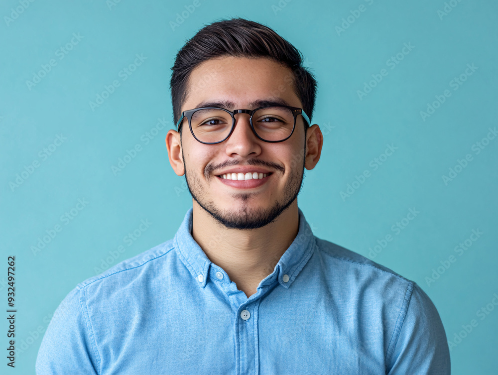 Obraz premium A young Hispanic man with a confident smile, wearing a blue shirt and glasses, isolated on an aqua blue background.