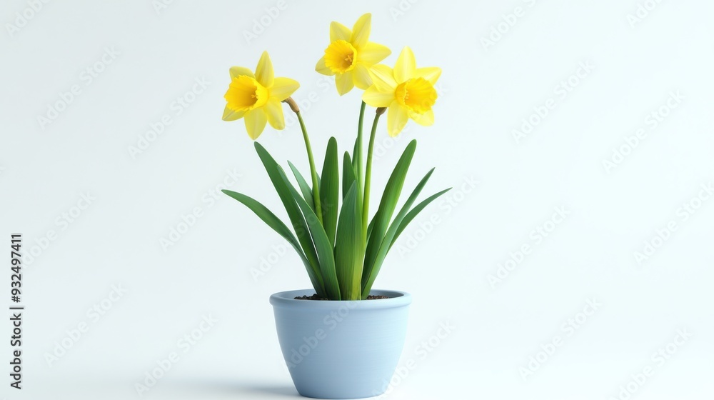 A hyperrealistic 3D render of a potted daffodil, bright and cheerful, isolated on white background A hyperrealistic 3D render of a potted daffodil, bright and cheerful, isolated on white background