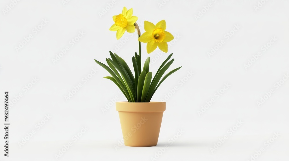 A hyperrealistic 3D render of a potted daffodil, bright and cheerful, isolated on white background A hyperrealistic 3D render of a potted daffodil, bright and cheerful, isolated on white background